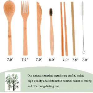 Skosod Travel Utensils Reusable Utensils with Case Eco-Friendly Bamboo Cutlery Set for Kids & Adults Portable Utensils Set Bamboo Spoon Fork Knife Brush Straw Chopsticks Toothbrush Bottle Opener Pouch